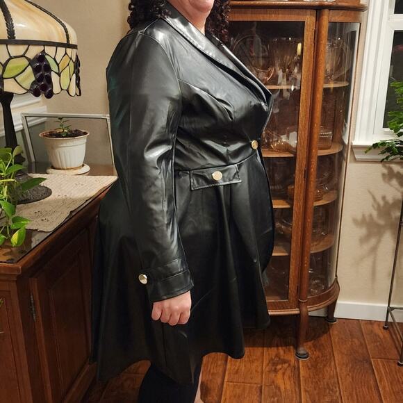Goth military vegan leather gold detail French trench coat plus size 1X - Picture 4 of 9